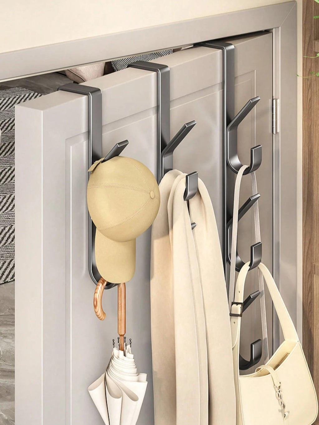 1pc/2pcs Carbon Steel Over-The-Door Hooks, Multi-Functional Space-Saving Vertical Storage Hooks, No-Drill Door Hanging Storage Rack, Suitable For Bathroom, Bedroom, Entryway, Sturdy Door Back Clothing Rack, Towel Rack