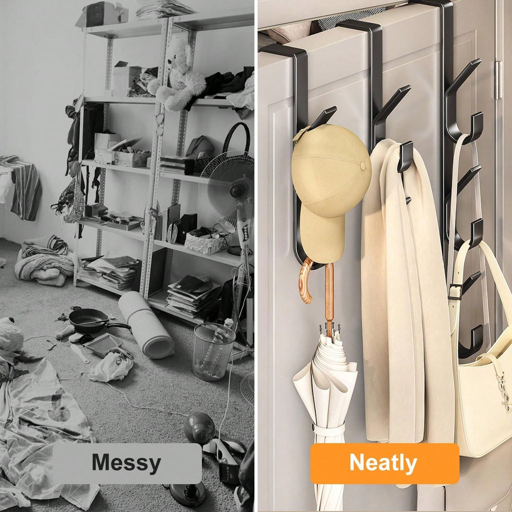1pc/2pcs Carbon Steel Over-The-Door Hooks, Multi-Functional Space-Saving Vertical Storage Hooks, No-Drill Door Hanging Storage Rack, Suitable For Bathroom, Bedroom, Entryway, Sturdy Door Back Clothing Rack, Towel Rack